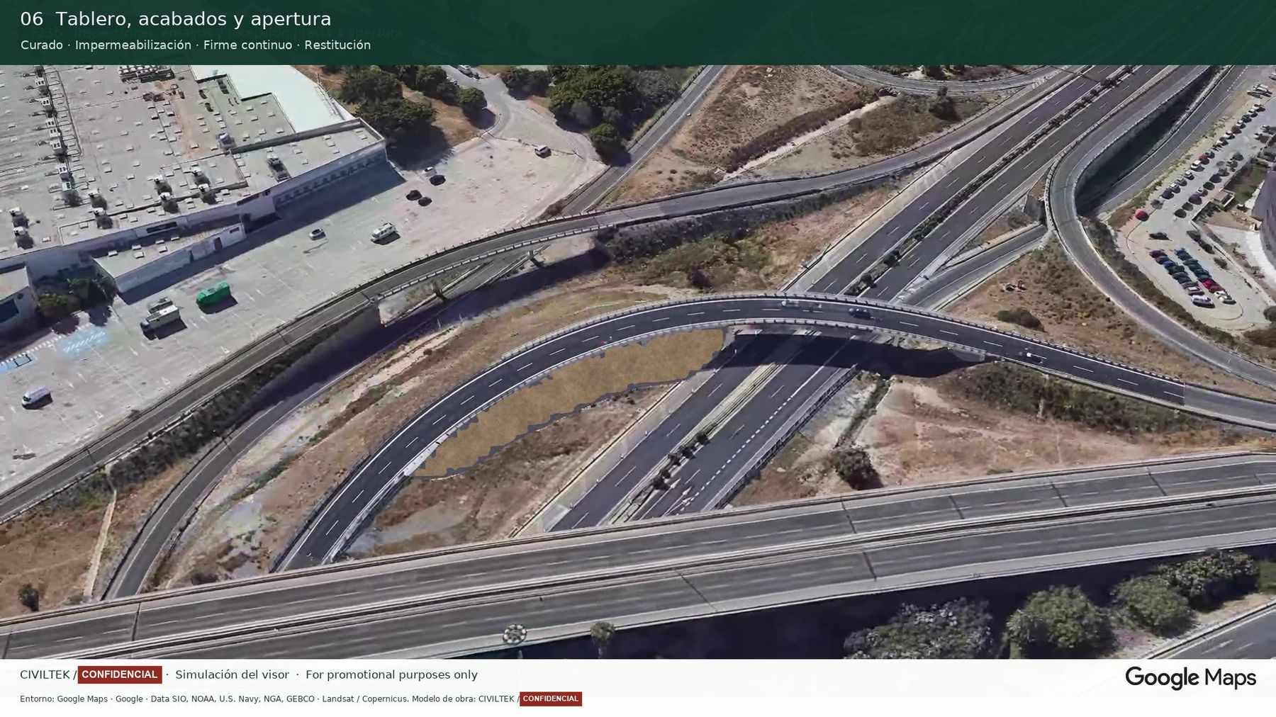 Visor 4D sobre la ciudad en 3D: estado final con el ramal ampliado y abierto al tráfico sobre la MA-20.
