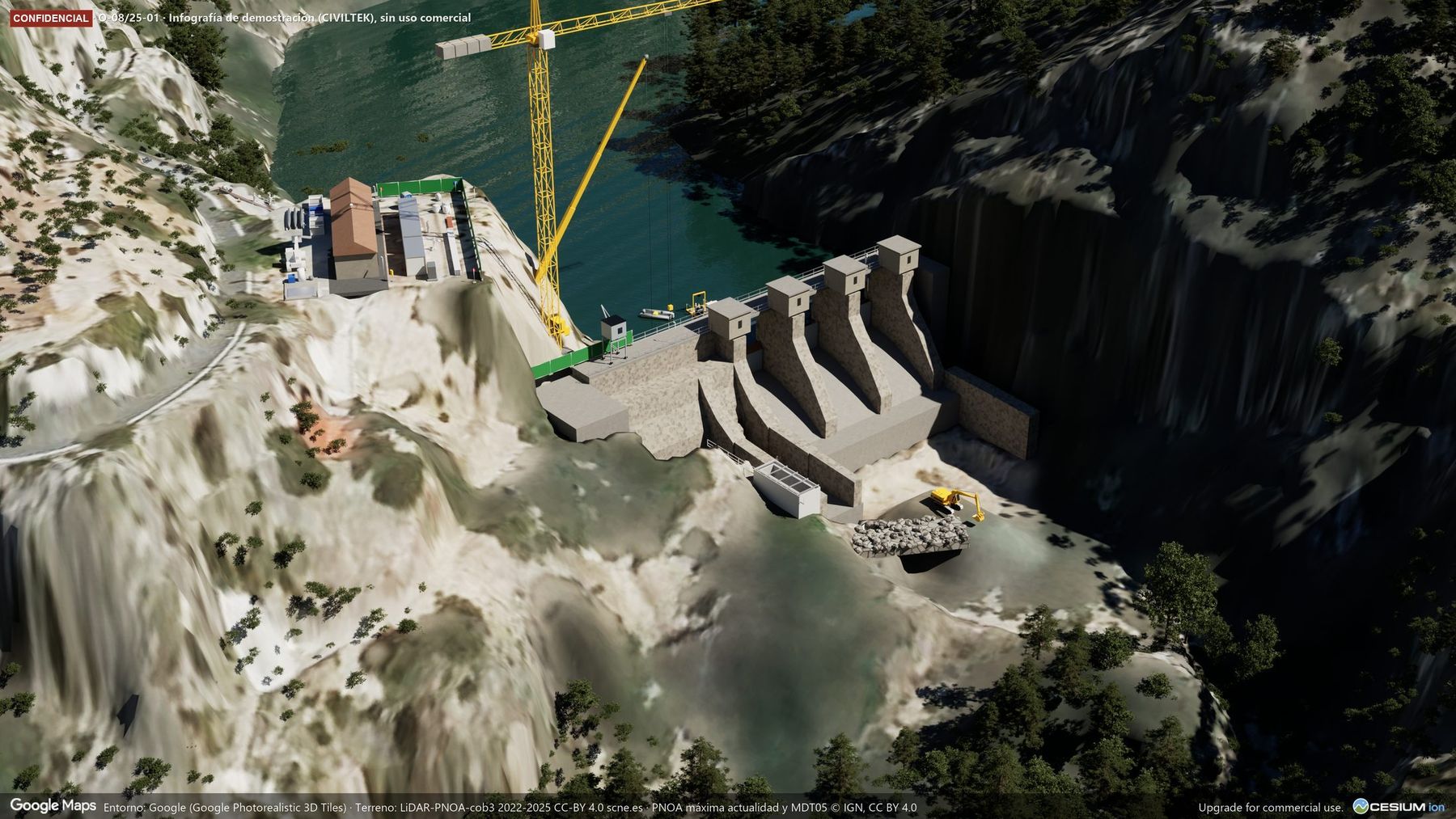 Render fotorrealista de la presa durante la campaña de obra: grúa torre junto a la coronación, casetas, pontona sobre el embalse y acopio de escollera.